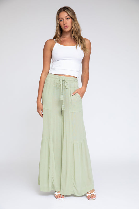 TIE WAIST WIDE LEG PANT - LAUREL GREEN