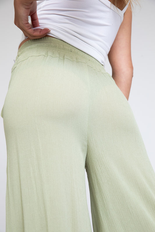 TIE WAIST WIDE LEG PANT - LAUREL GREEN