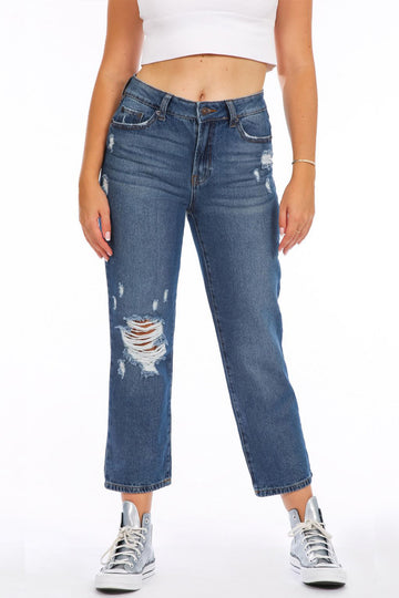Vintage Reunion High Rise Straight Ankle Jeans - Indigo Shatter
