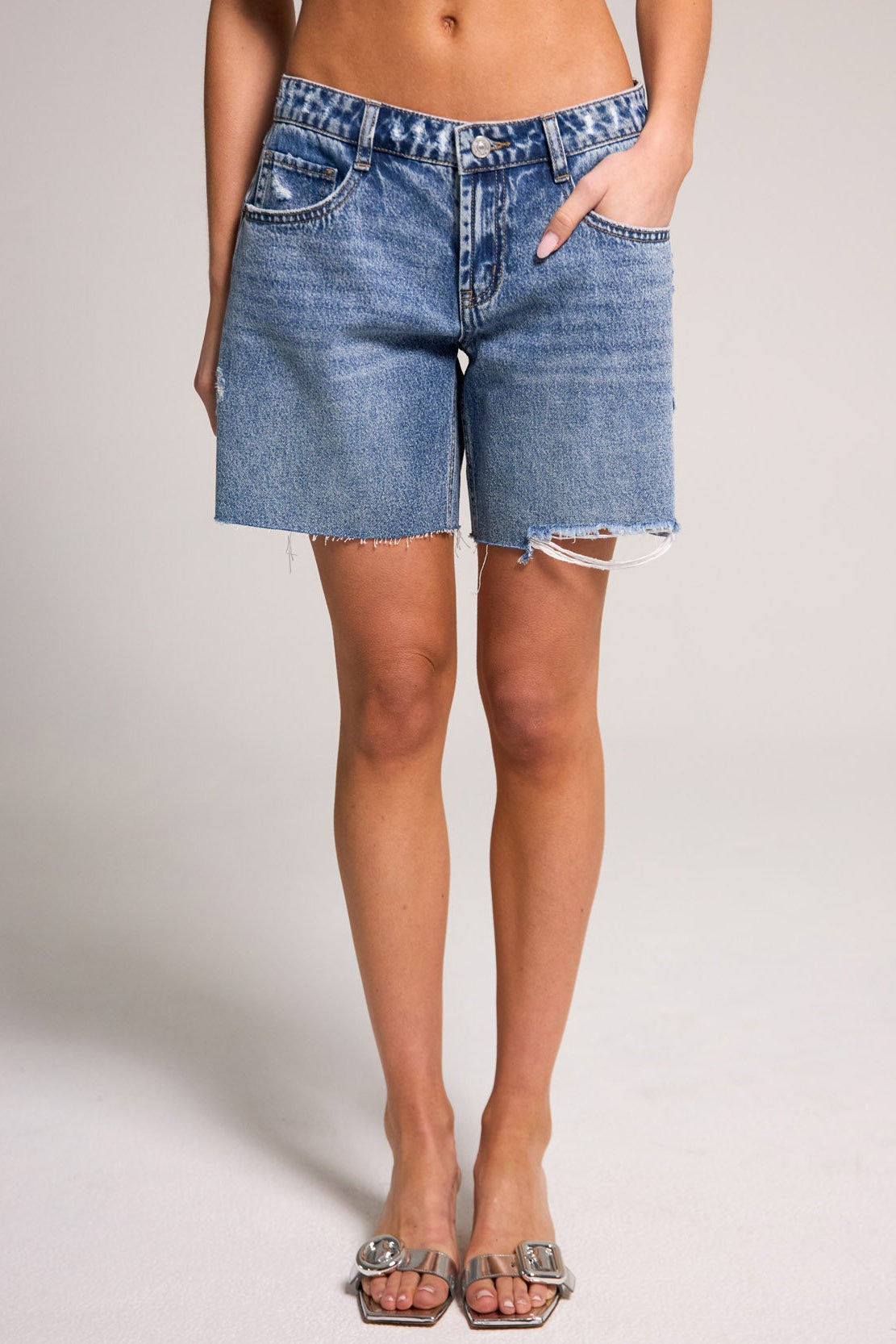 Stylish Belle's Baggy Bermuda Short - Medium Indigo, made of 100% cotton, perfect for casual summer outfits.