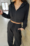 Everyday Cropped Zip Up Hoodie - Black