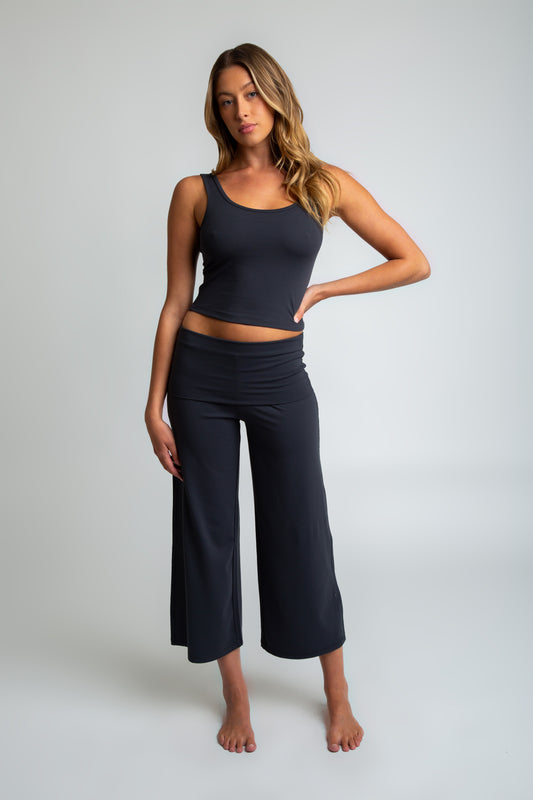 Luxe Fold Over Cropped Wide Leg Set - Charcoal