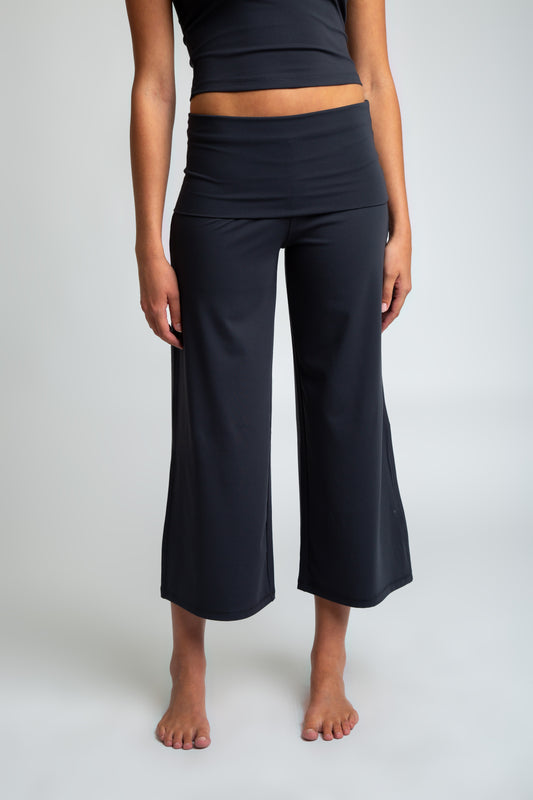 Luxe Fold Over Cropped Wide Leg Set - Charcoal