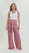 TIE WAIST TIERED WIDE LEG PANT - SUNKISS MAUVE