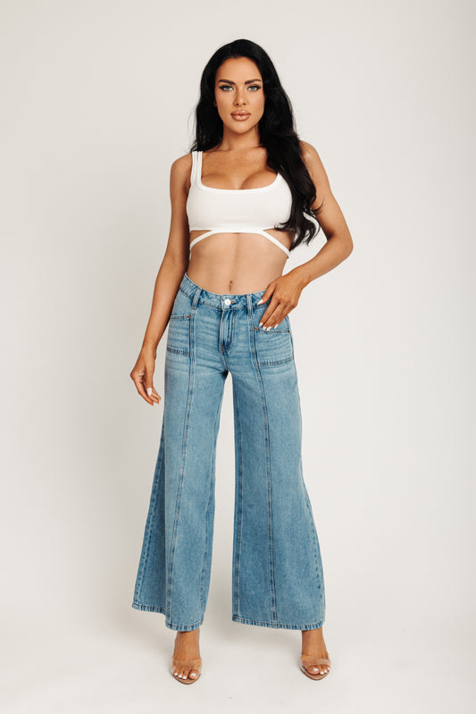 HIGH RISE LOOSE FLARE JEANS - MEDIUM DARK BLUE