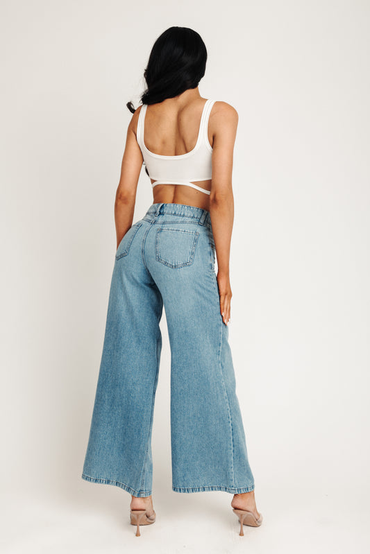 HIGH RISE LOOSE FLARE JEANS - MEDIUM DARK BLUE